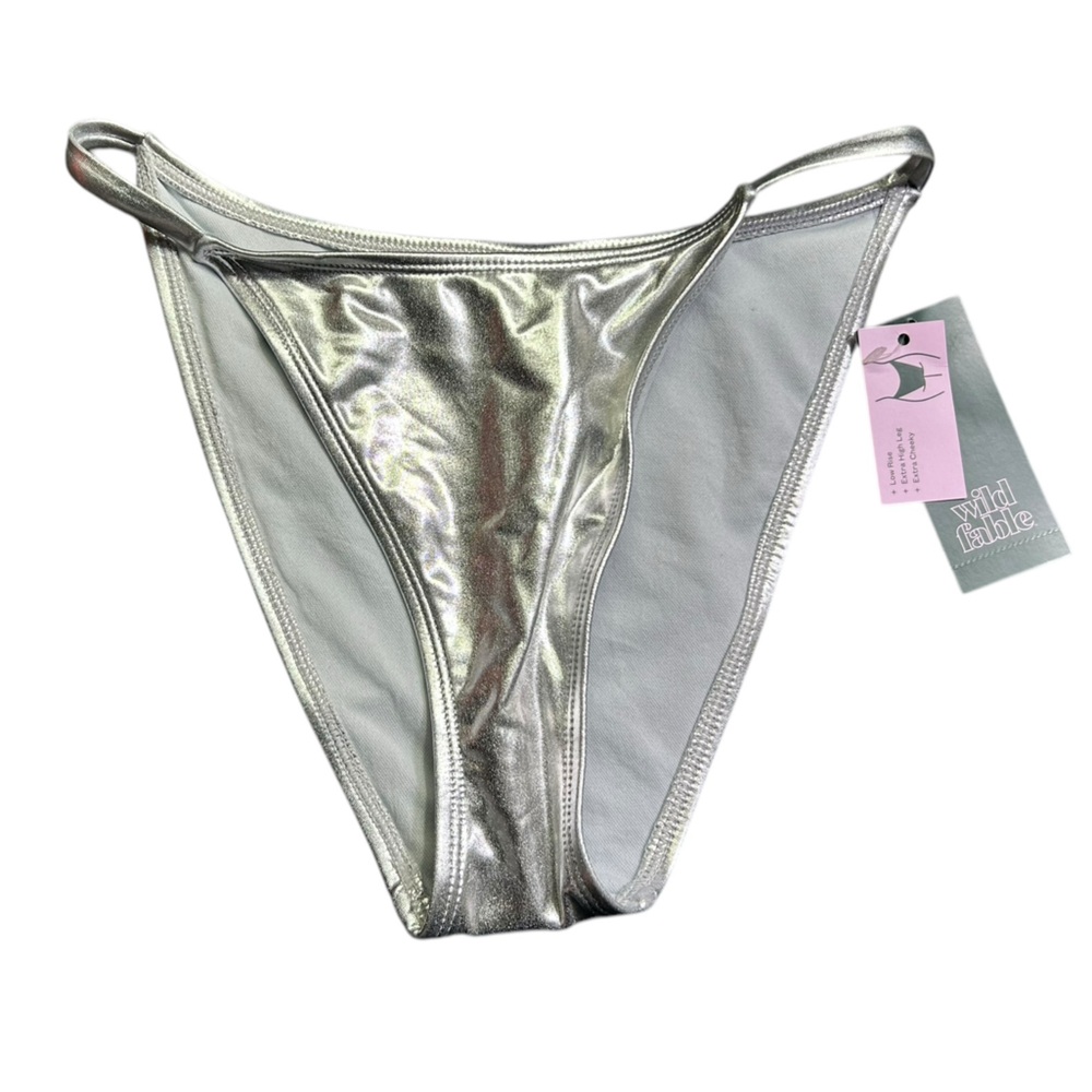 WILD FABLE metallic silver string side bikini swim extra cheeky bottom XS 0-2